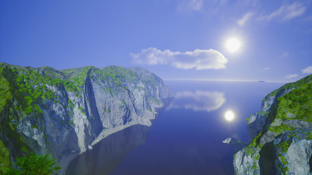 활기찬 해안 풍경과 절벽, 빛 하늘 아래의 평온한 물