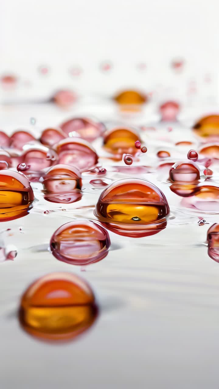 Floating orange colored bubbles moving in water on a dark green background