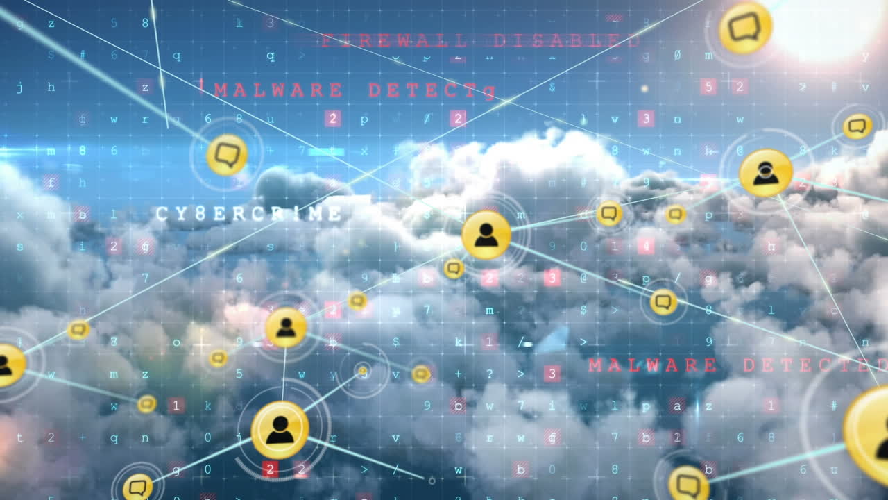 사이버 공격 경보, 구름 및 하늘에 대한 아이콘으로 연결 네트워크의 애니메이션