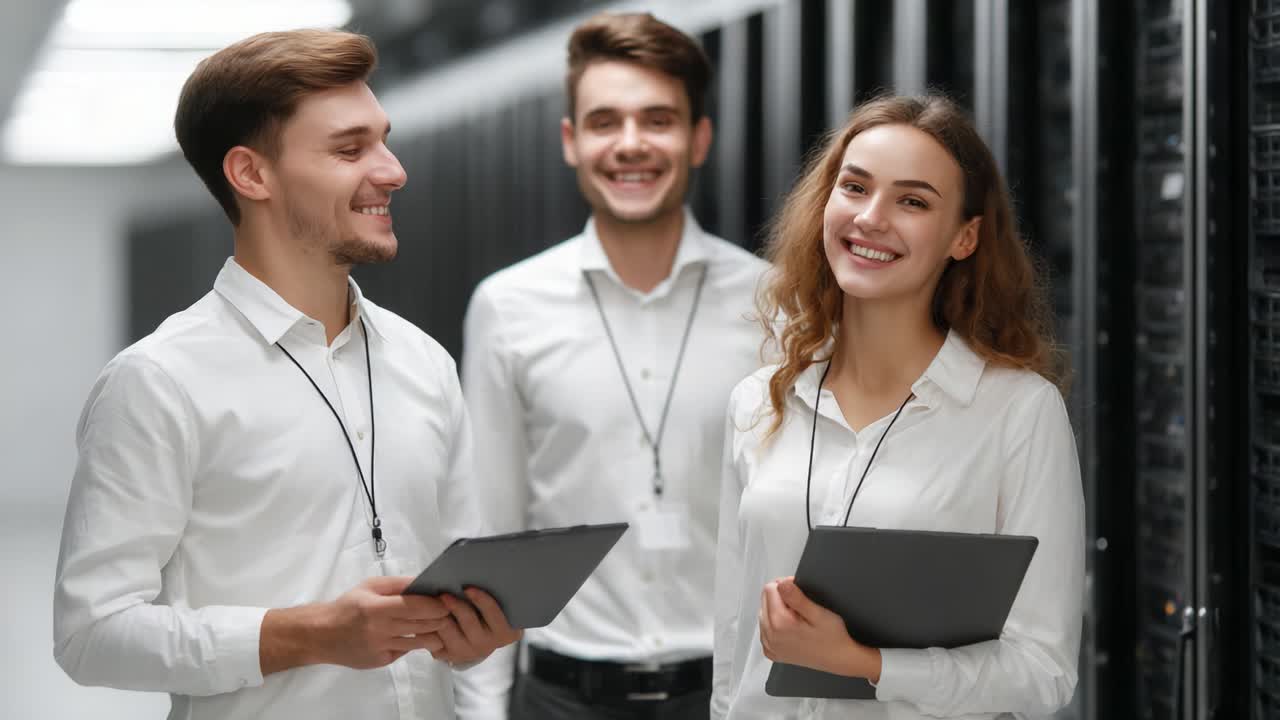 Group of Young Professionals Engaged in Collaborative Discussion in a Modern Data Center, Showcasing Teamwork and Technology in a Dynamic Environment