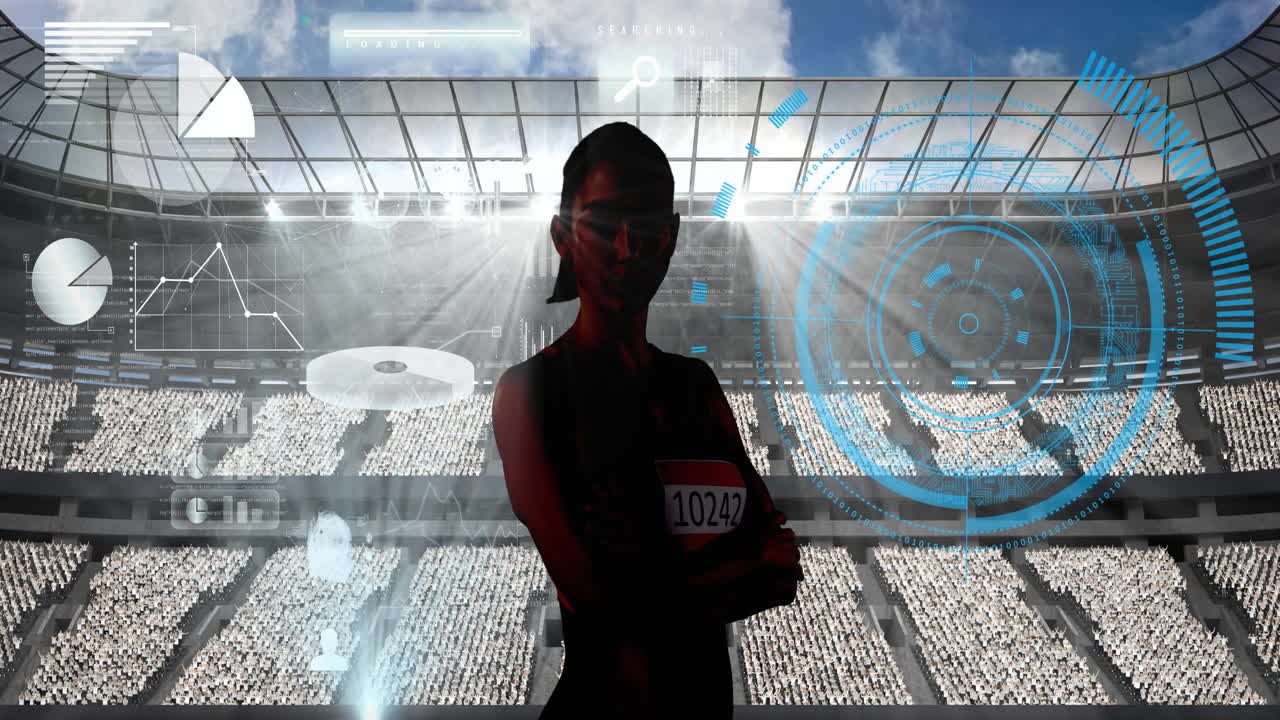 animación de procesamiento de datos y atleta femenina sobre estadio deportivo