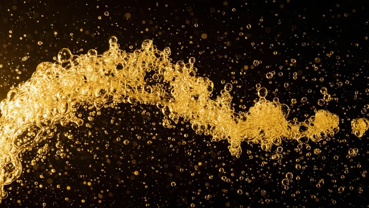 Captivating Flow of Golden Bubbles: A Stunning Visual Display of Effervescent Motion and Light Reflection in a Dark, Contrast-Rich Background