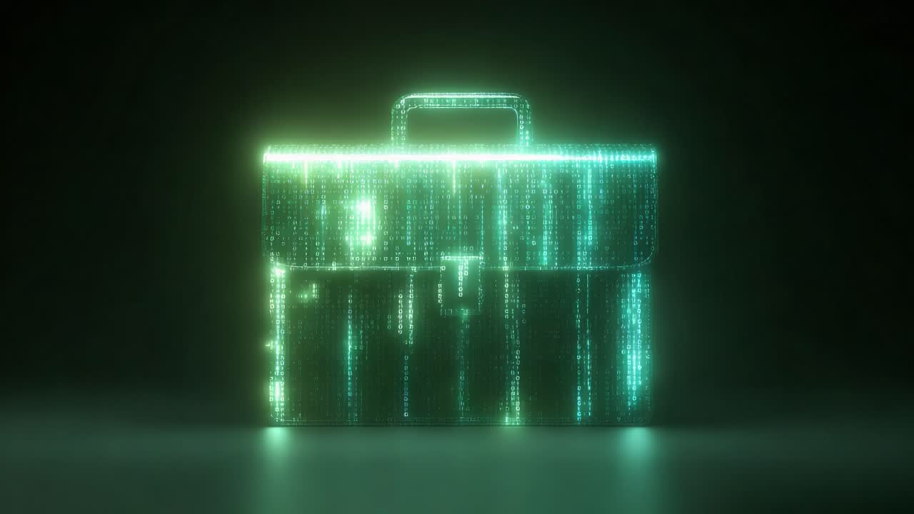 Glowing green digital briefcase icon materializing from a matrix of binary code, representing concepts of corporate data, cybersecurity, online business, fintech, and modern career opportunities