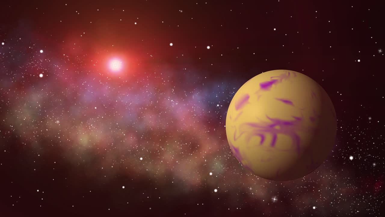 Space scene with a yellow and pink planet and a red sun with colorful nebula in the background - can be endlessly looped