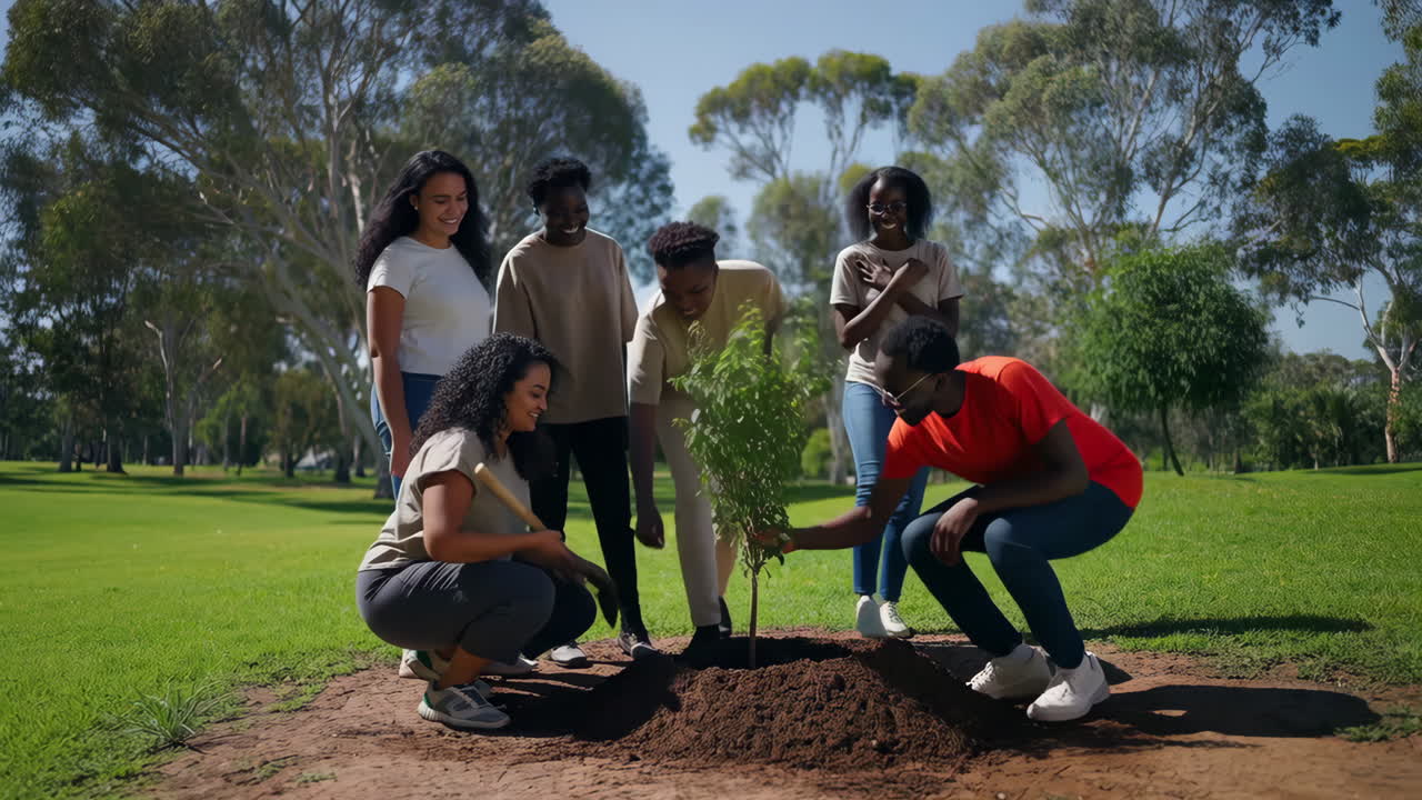 A Group of People Planting a Tree in a Park