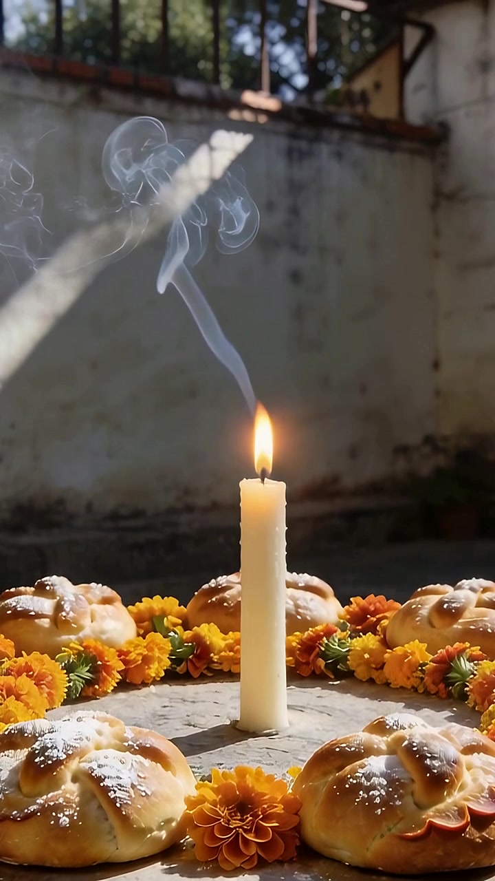 Vertical video: Lighting candle sending smoke on stone patio as offering with breads and marigolds