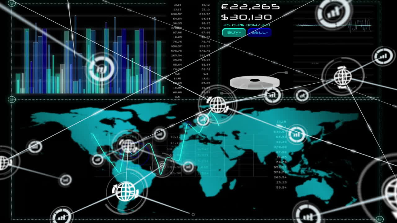 글로벌 금융 데이터 및 네트워크 연결 세계 지도 및 차트에 대한 애니메이션