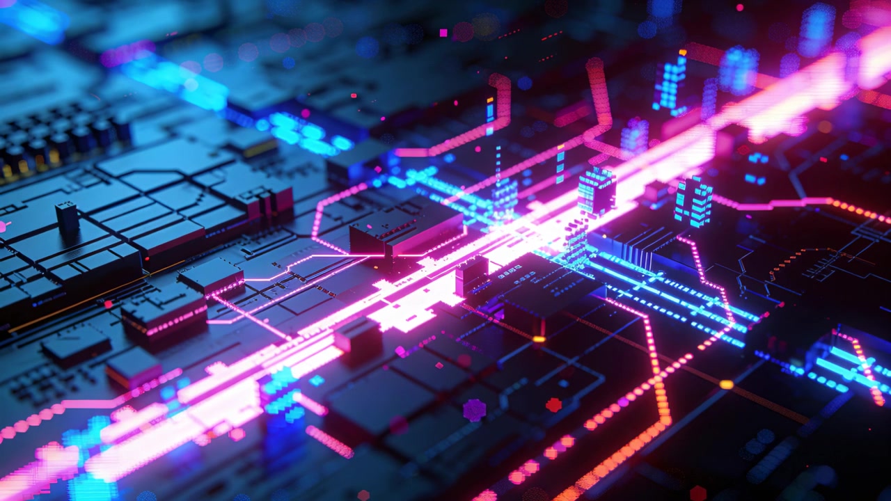 Pulsing neon pink band sending glowing nodes along blue traces on stylized circuit board surface
