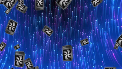 animation of black and white stripes over retro tv sets on blue light trails