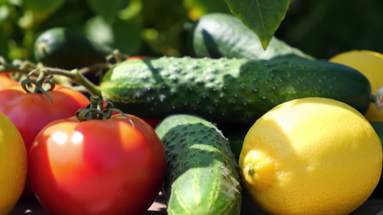 A Vibrant Display of Fresh Vegetables Featuring Juicy Tomatoes, Crisp Cucumbers, and Zesty Lemons, Highlighting Nature’s Bounty and Healthy Eating Choices