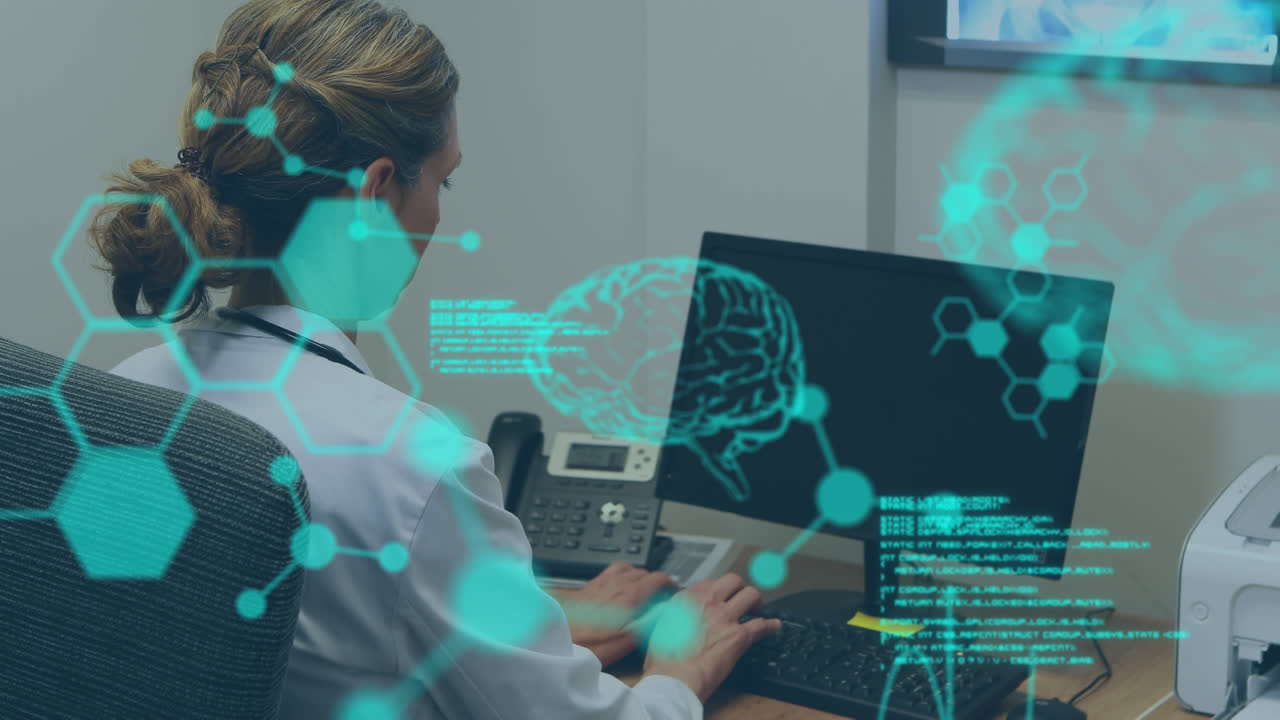 animación de procesamiento de datos científicos sobre una doctora caucásica que utiliza una computadora