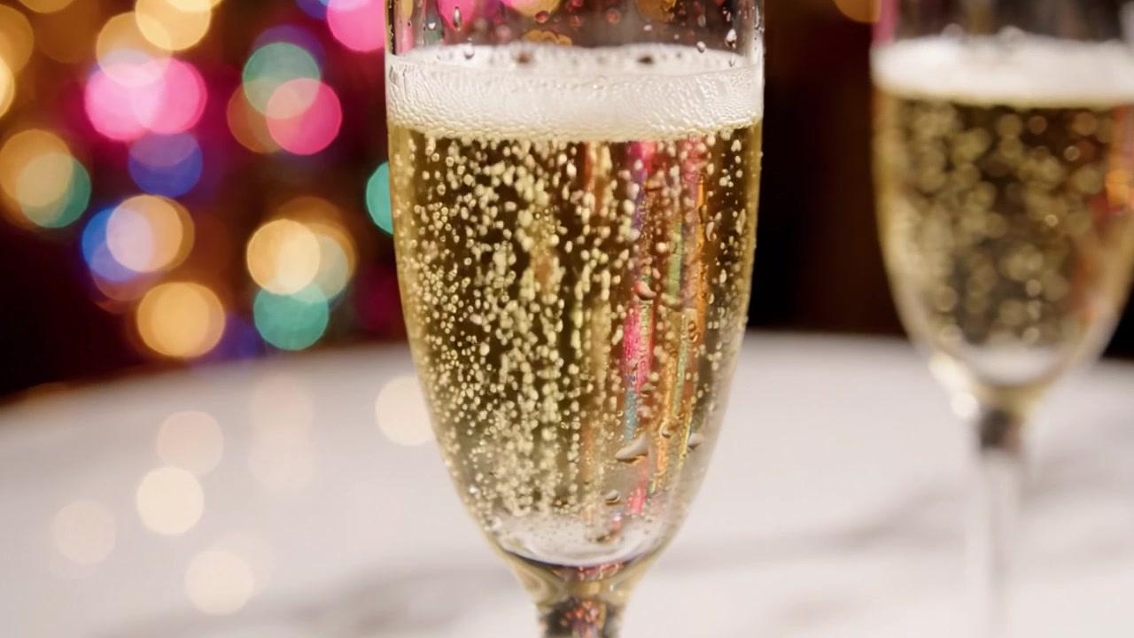 Brindisi celebrativo con champagne con bollicine scintillanti in eleganti flûte, circondato da luci festive colorate per un'occasione gioiosa.