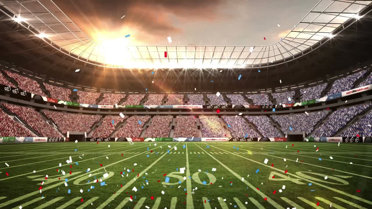 animación de confeti cayendo sobre el estadio de rugby