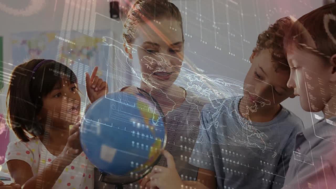 animación del procesamiento de datos sobre escolares y maestros que miran el globo en clase