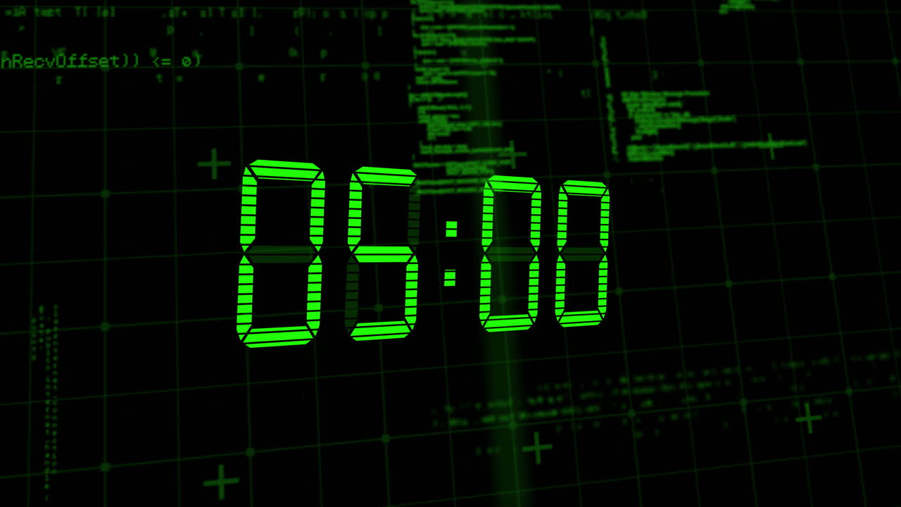Animation of green digital clock timer changing over data processing on black background