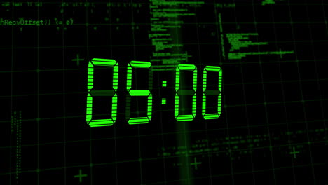 animación del temporizador de reloj digital verde cambiando sobre el procesamiento de datos en fondo negro