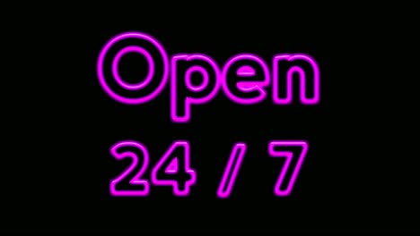 animation purple neon light text open 24 hours on black background for shop,retail, resort,bar display promotion business concept