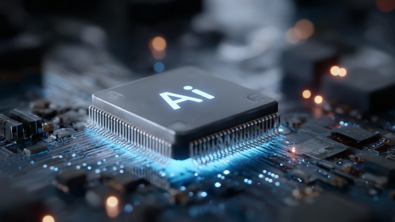 Exploring the Future of Technology: A Close-Up View of an Advanced AI Chip on a Circuit Board, Illuminating Innovations in Artificial Intelligence and Computing Power