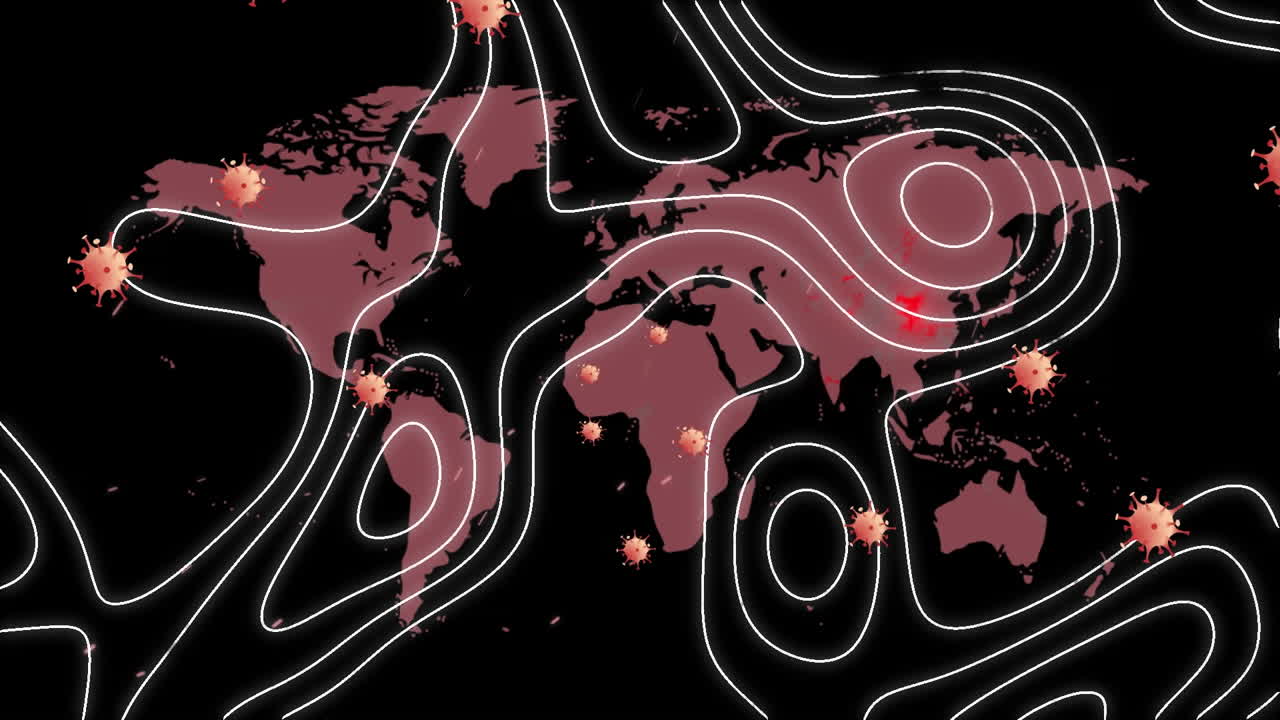 세계 지도 위에서 떨어지는 코로나19 세포의 애니메이션