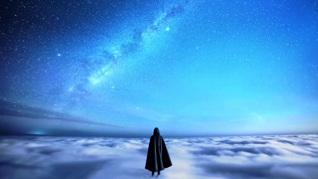 Person in Cloak Standing Above Clouds Under Milky Way Galaxy