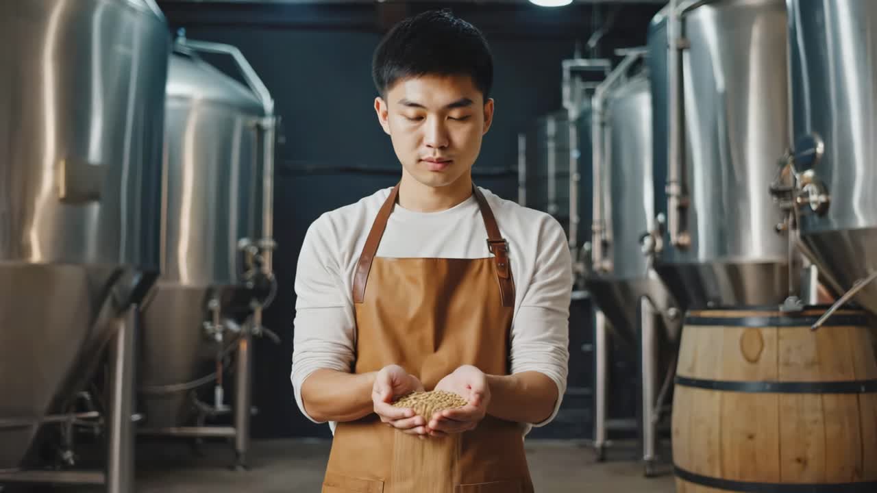 Brewer with grain in brewery