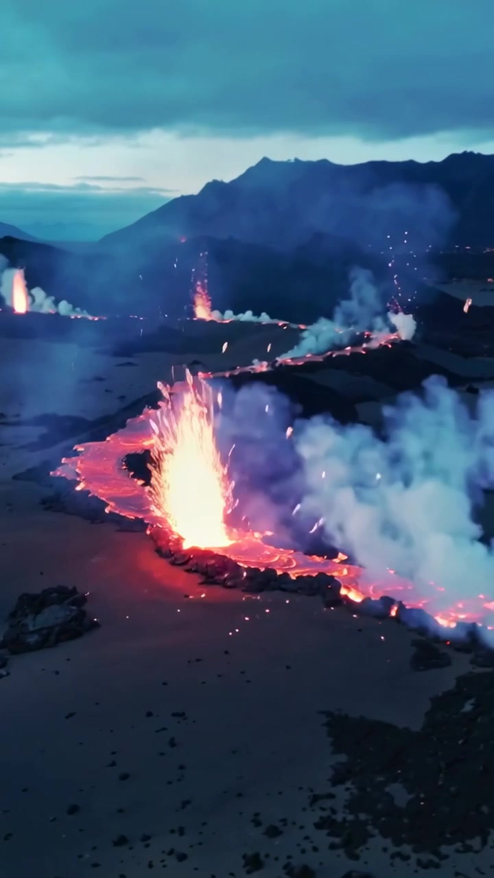 Vertical video: Tracking fissure opening, molten lava channel flowing across lava field, spattering
