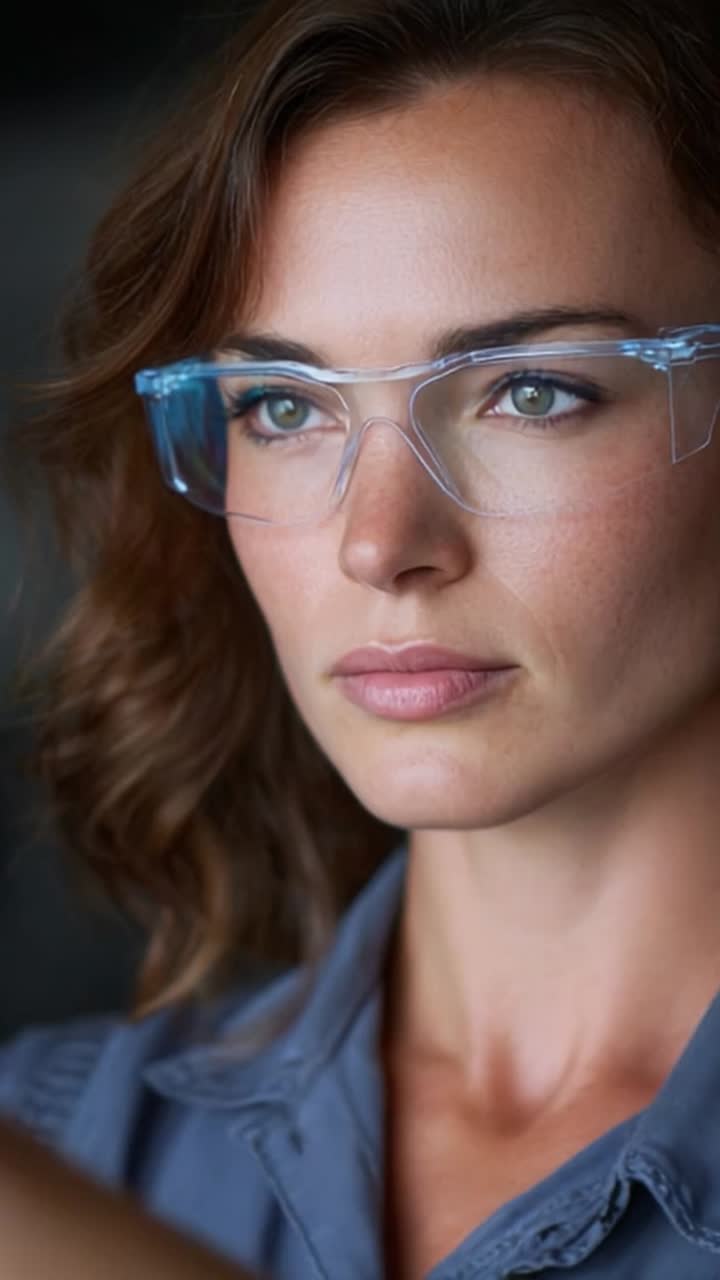 Una donna concentrata che indossa occhiali protettivi da vista, che mostra determinazione e professionalità nella sua espressione, incarnando fiducia e intelligenza nel suo ambiente di lavoro