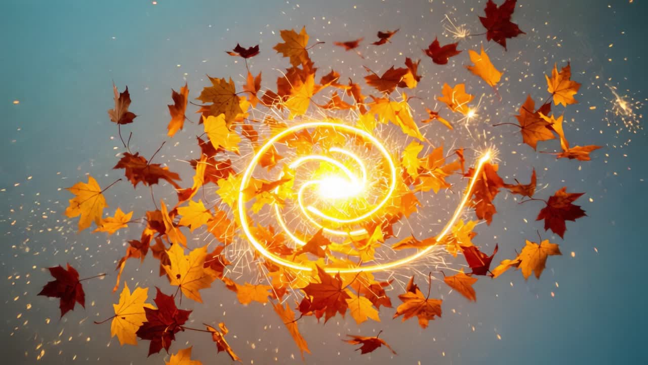 A Captivating Display of Autumn Leaves Swirling in a Spiral of Bright Light, Creating a Mesmerizing Visual Explosion of Color and Energy in Nature's Transition