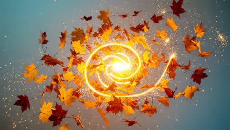 A Captivating Display of Autumn Leaves Swirling in a Spiral of Bright Light, Creating a Mesmerizing Visual Explosion of Color and Energy in Nature&#039;s Transition