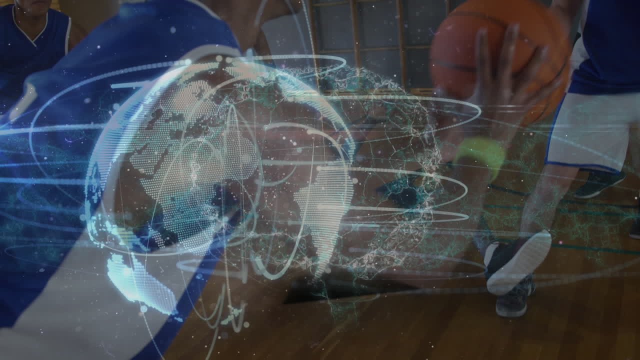 animación de la red de conexiones y el mundo sobre un grupo diverso de jugadores de baloncesto masculinos