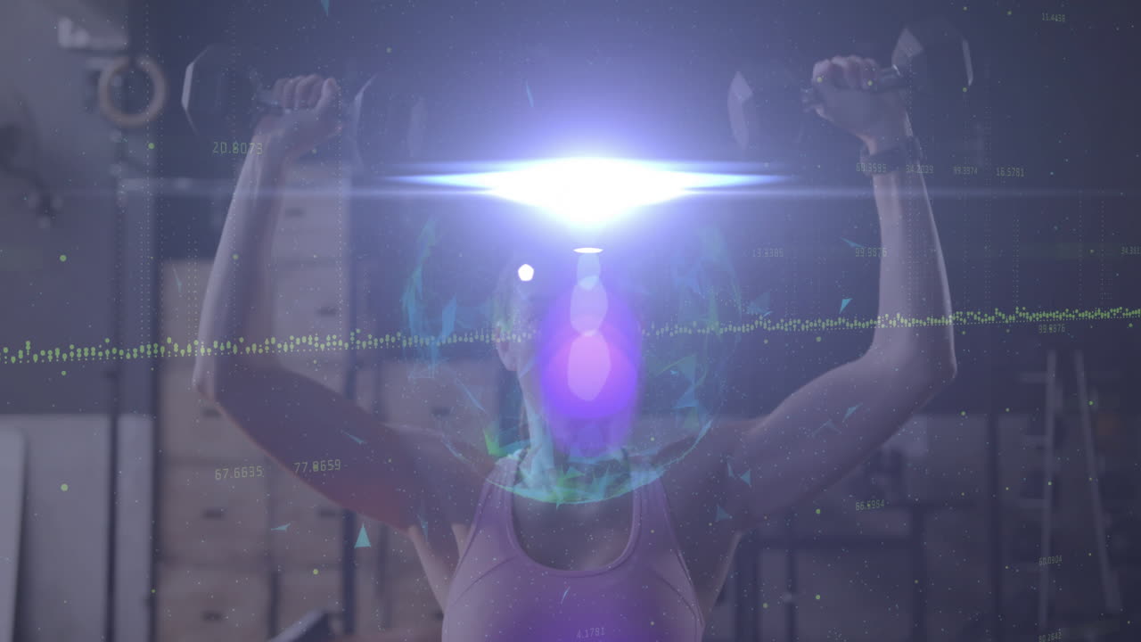 Fitness data animation over person lifting weights in gym environment