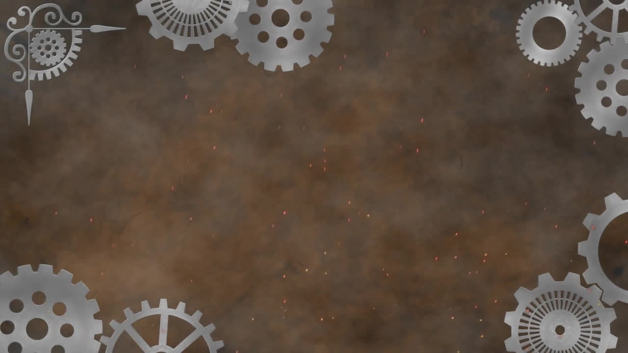 Animation of cogs over smoke on brown background