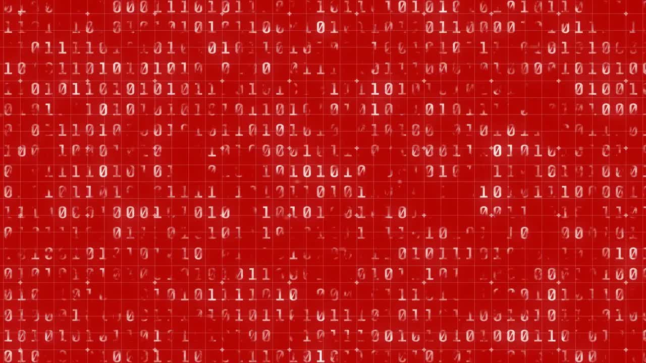 Animation of binary coding and data processing on red background