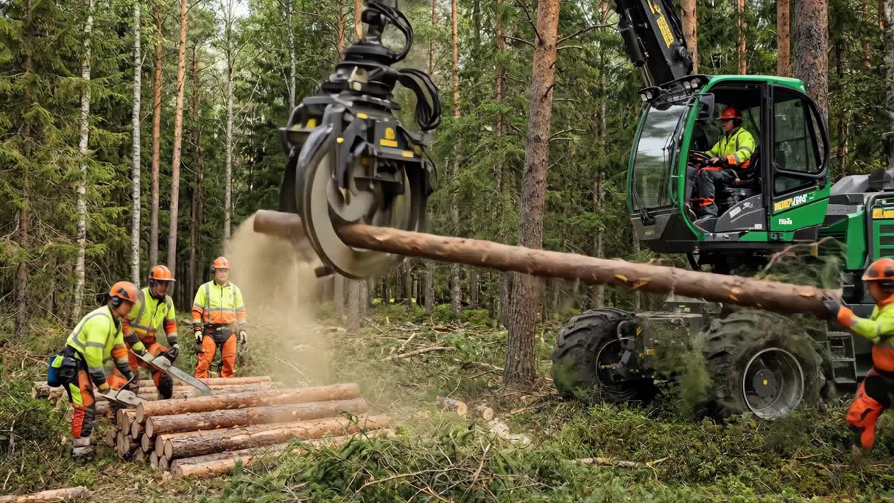 Forestry Workers and Harvester Machine Cutting Logs in a Forest