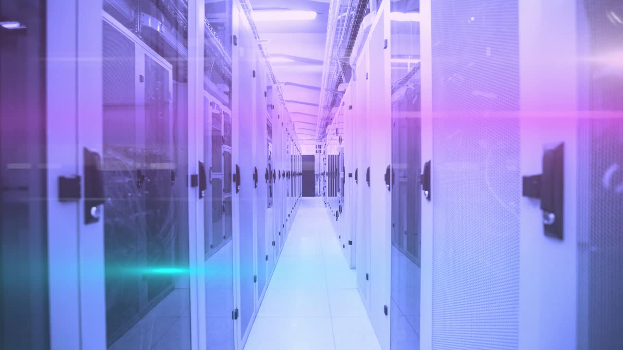 Computer servers in a server room with glowing lights