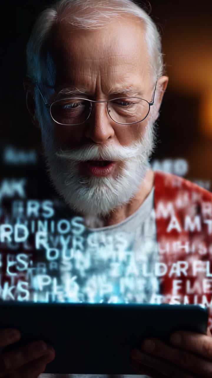 A senior man with a distinguished beard and glasses engages with a tablet, surrounded by floating letters and symbols, showcasing curiosity and a keen interest in technology and digital communication