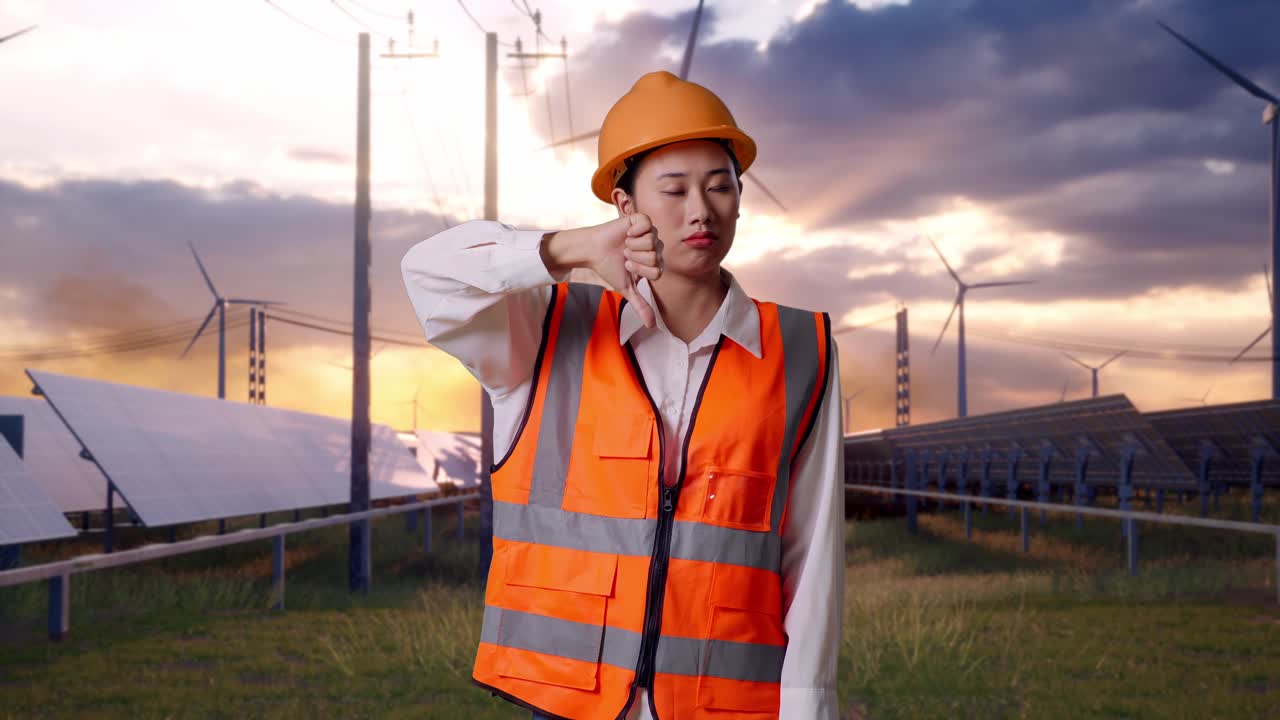 Asian Female Engineer With Safety Helmet Showing Thumbs Down Gesture And Shaking Her Head With Solar Panel and Wind Turbines