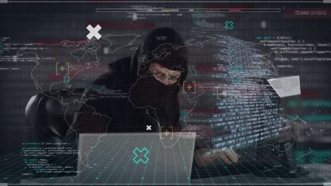 Animation of data processing and world map over caucasian male hacker