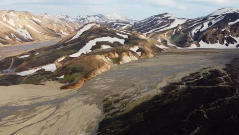 The-aerial-panorama-of-two-valleys-with-glacier-rivers-in-the-rainbow-mountains-of-Landmannalaugar-in-Iceland