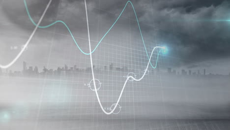 Animación-De-Datos-De-Procesamiento-De-Gráficos-Brillantes-Sobre-El-Paisaje-Urbano-Y-El-Cielo-Gris-Nublado