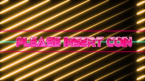 animation of please insert coin text against neon yellow light trails in seamless pattern