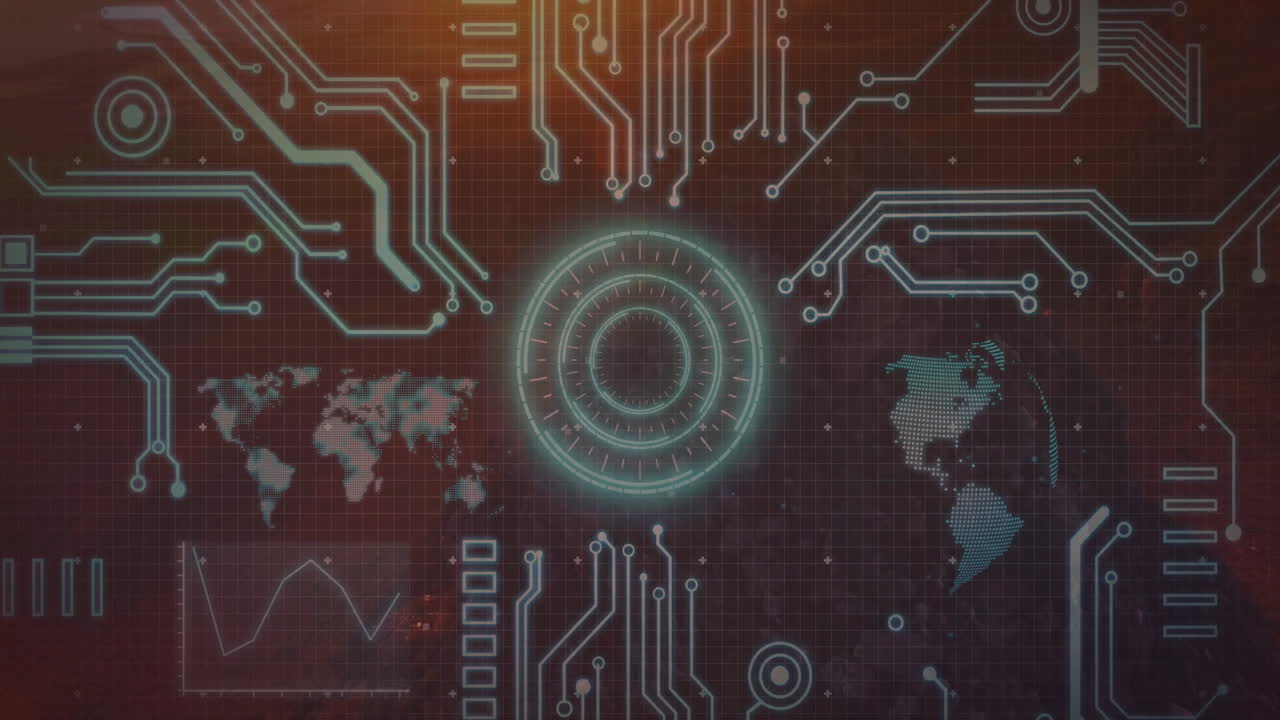 Central glowing HUD being animated in 3D interface, with circuit traces and pixel world maps