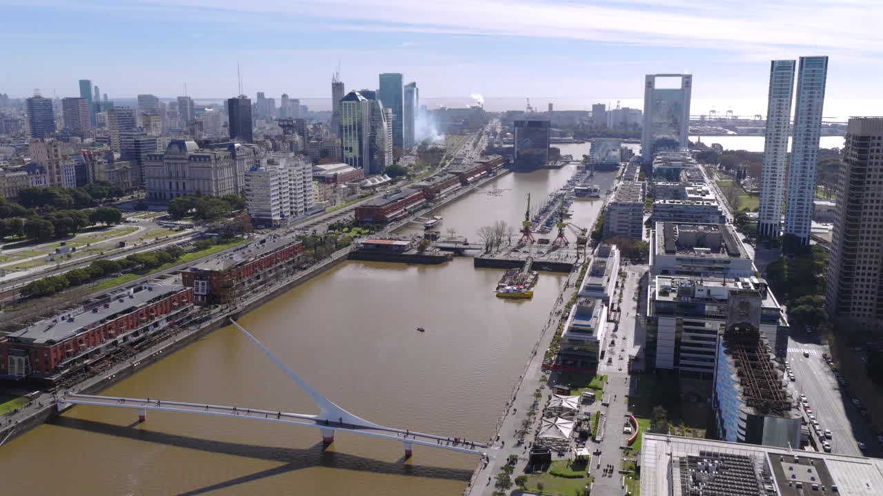 Drone aerial view of Puerto Madero canal and skyscrapers in Buenos Aires Argentina