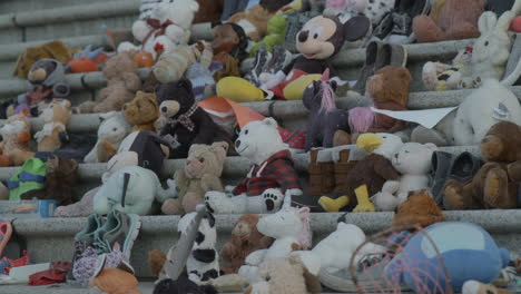 Close-up-of-the-BC-Legislative-Assembly-buildings-with-a-memorial-for-Indigenous-Children-victims-on-the-front-steps-in-Victoria-BC