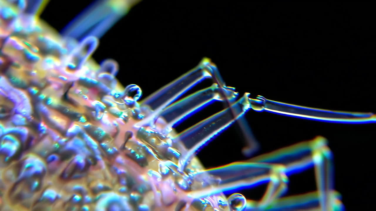 Macro Close-Up of an Iridescent Microscopic Structure with Tentacles