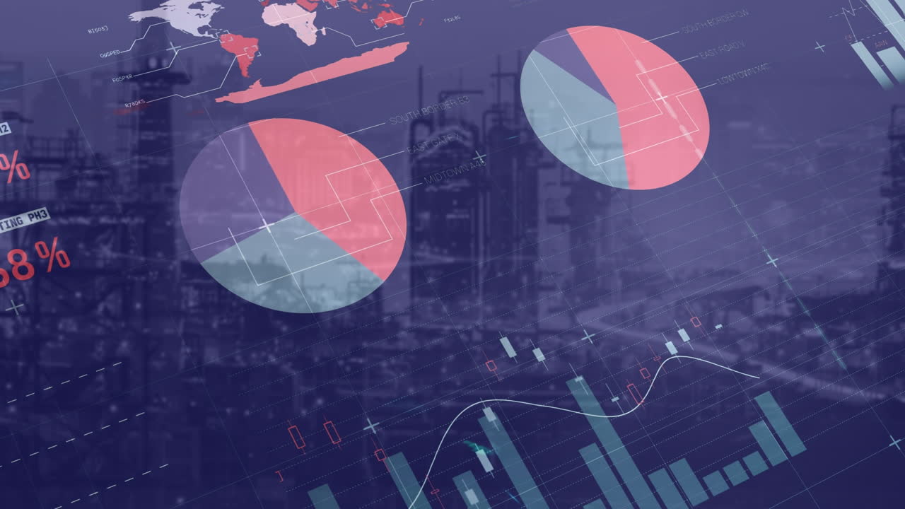 la animación digital muestra datos a través de gráficos y mapas en las industrias tecnológicas y financieras.