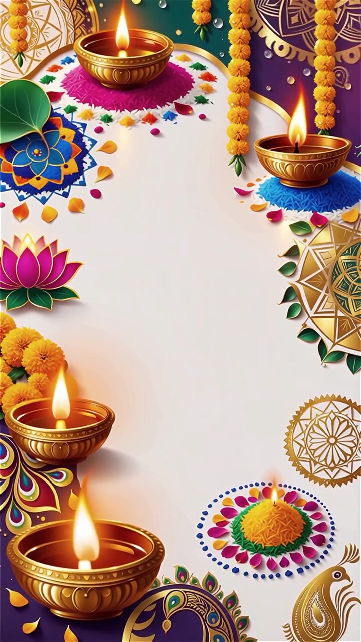 Sfondo Diwali con Diyas luminosi, Rangoli e fiori di loto