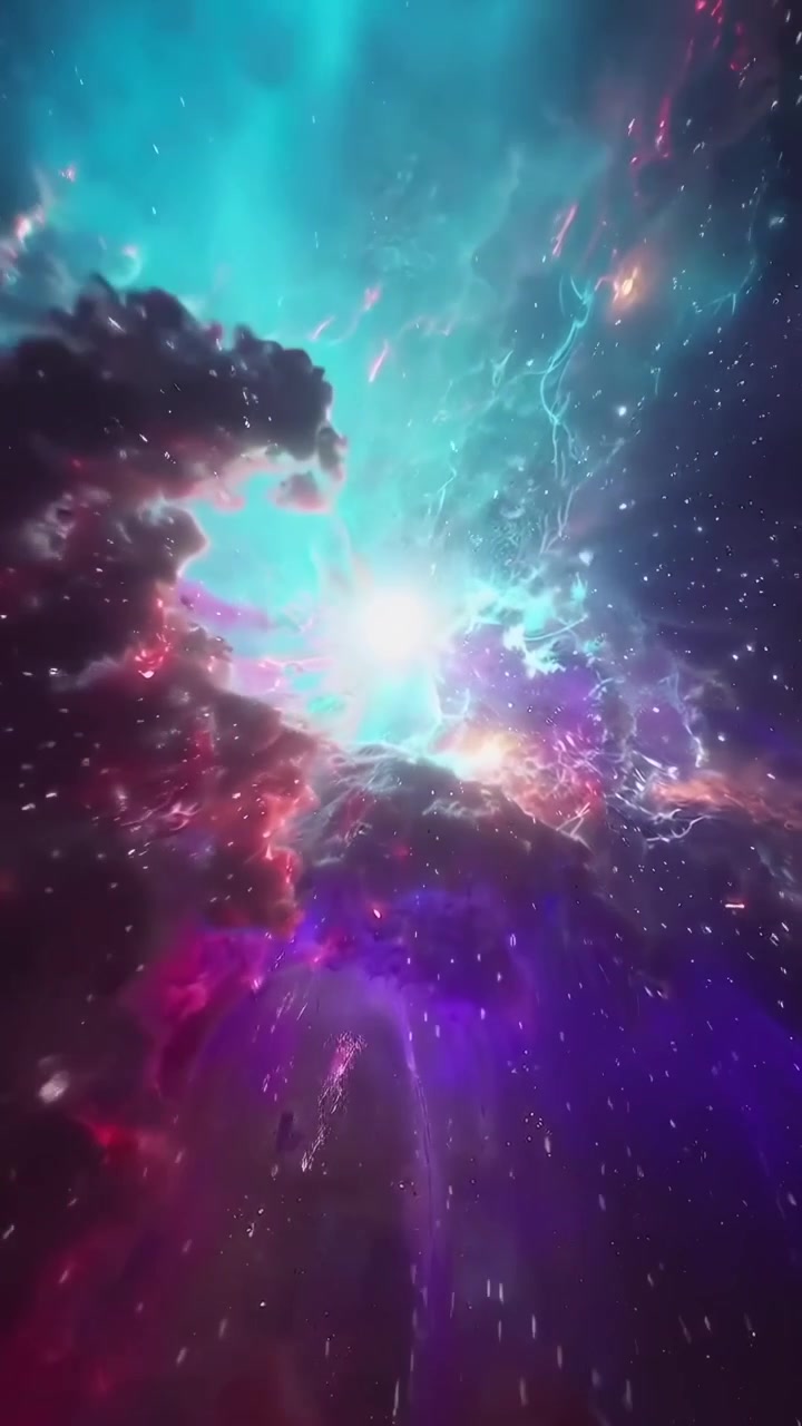 Viaggio astratto attraverso una luminosa nebulosa spaziale vorticosa