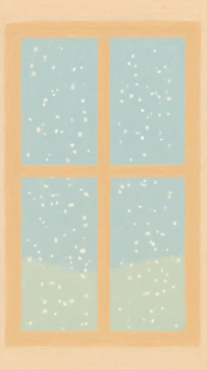 A cozy, painted view of snowfall through a window. The straight-on angle captures a serene winter