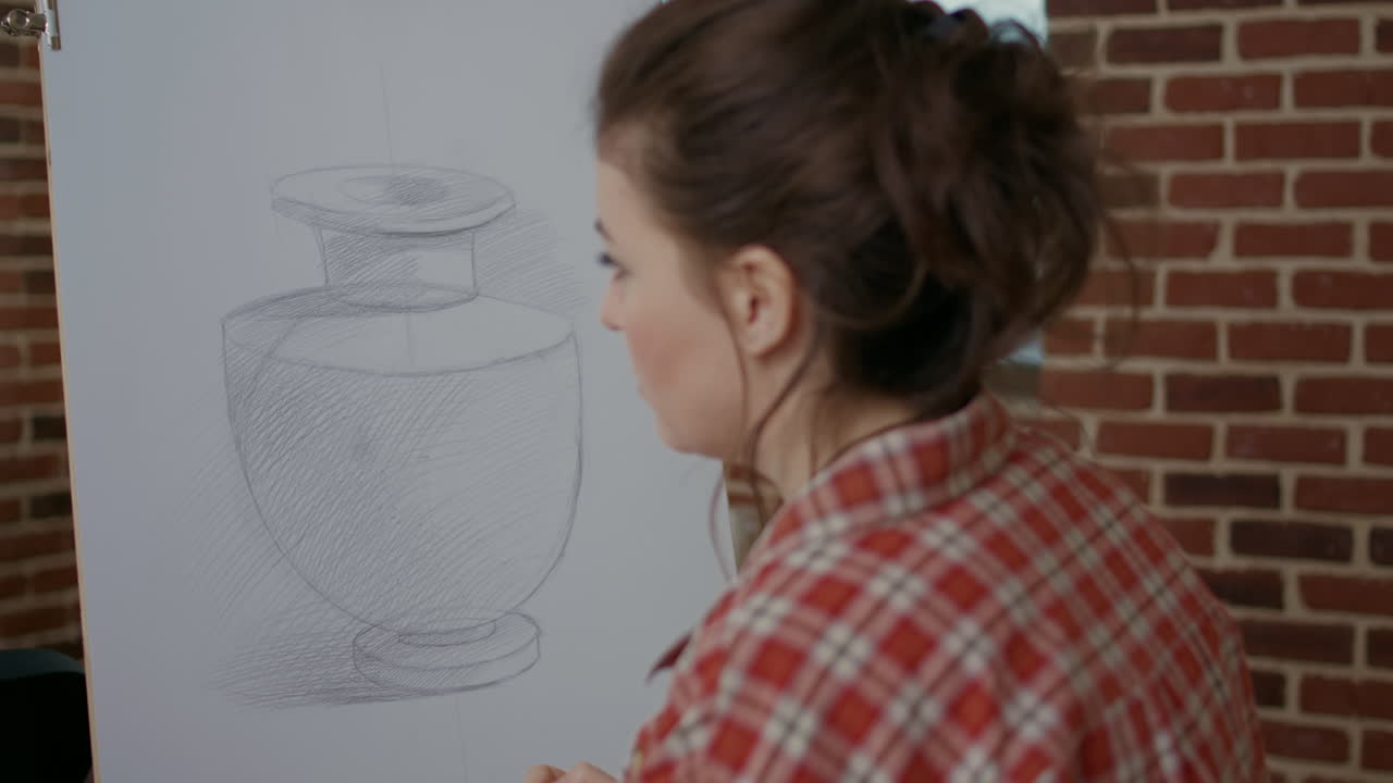 Young woman using pencil to draw masterpiece on canvas